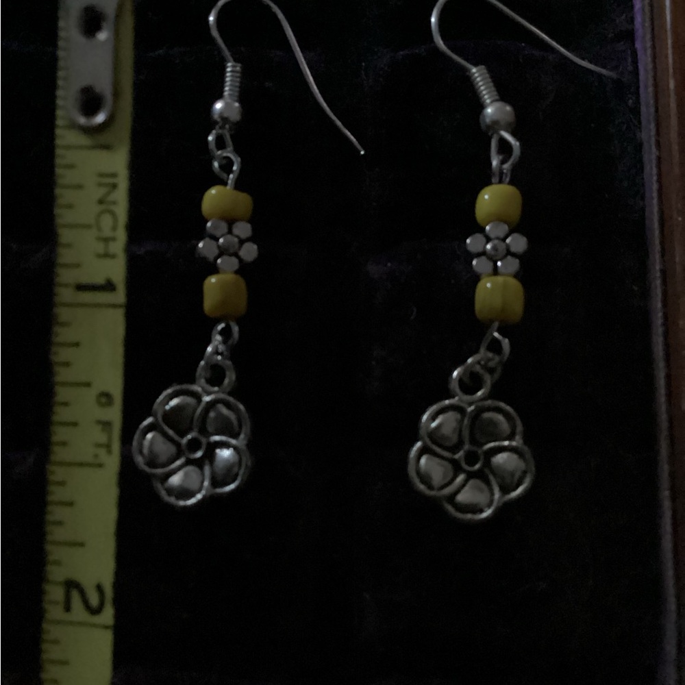Silver and Yellow Floral Dangle Earrings